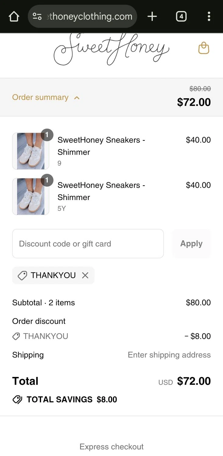 SweetHoney discount code screenshot showing code THANKYOU applied at SweetHoney checkout page. Uploaded by SimplyCodes community member CleverLynx5188 on Aug 7, 2025