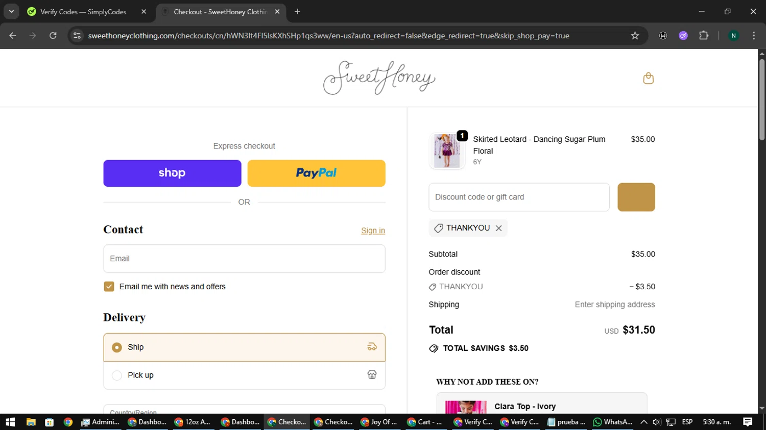SweetHoney discount code screenshot showing code THANKYOU applied at SweetHoney checkout page. Uploaded by SimplyCodes community member nataaokiiii on Sep 23, 2025
