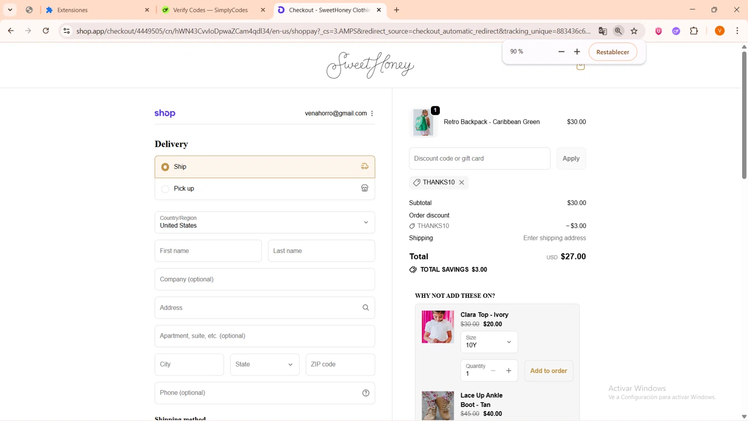 SweetHoney discount code screenshot showing code THANKS10 applied at SweetHoney checkout page. Uploaded by SimplyCodes community member FortunateFinder9465 on Oct 13, 2025