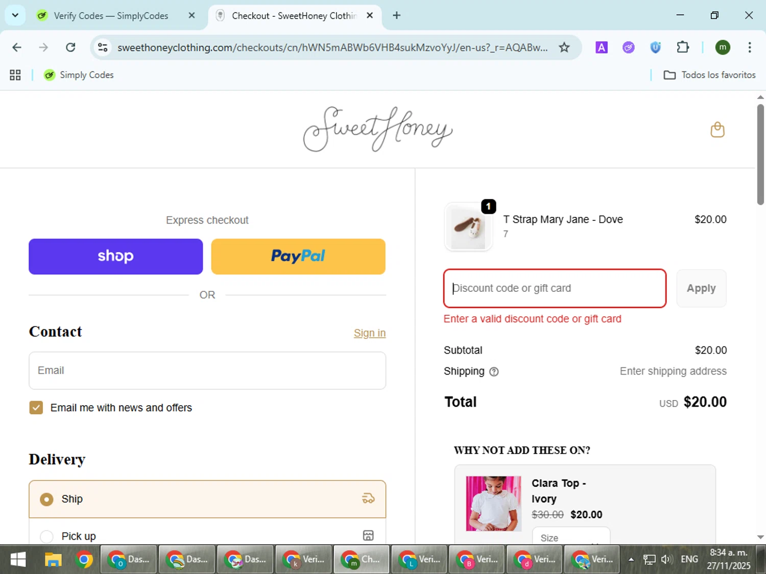 SweetHoney discount code screenshot showing code MAGIC applied at SweetHoney checkout page. Uploaded by SimplyCodes community member VoucherCollector9196 on Nov 27, 2025