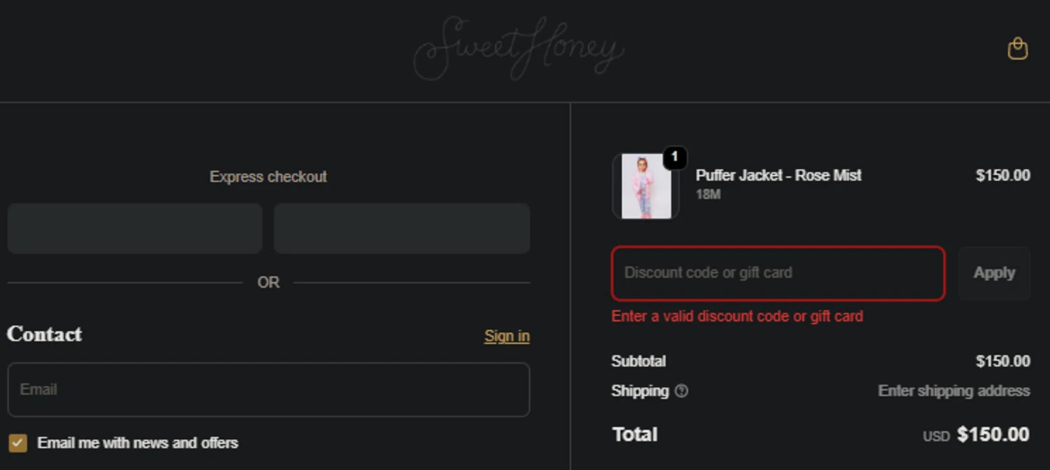 SweetHoney discount code screenshot showing code MAGIC applied at SweetHoney checkout page. Uploaded by SimplyCodes community member idkxxx on Nov 27, 2025