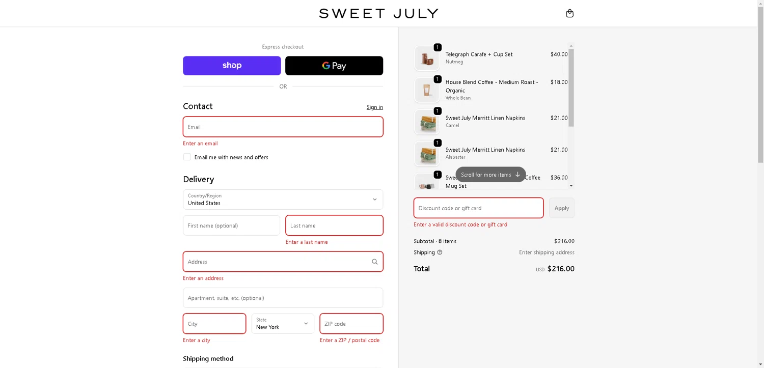 Sweet July promo code screenshot showing code WELCOME15 applied at Sweet July checkout page. Uploaded by SimplyCodes community member BargainCurator5453 on Oct 11, 2025