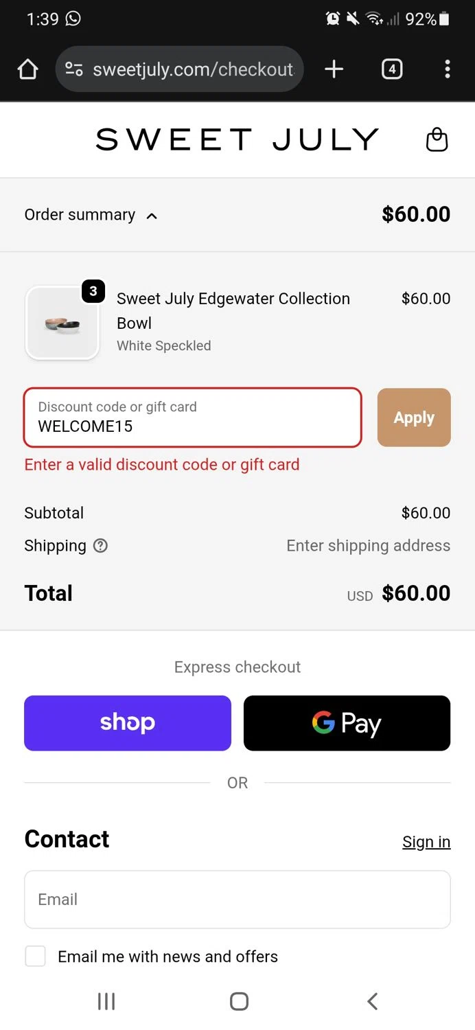 Sweet July promo code screenshot showing code WELCOME15 applied at Sweet July checkout page. Uploaded by SimplyCodes community member CouponSaver4196 on Oct 11, 2025