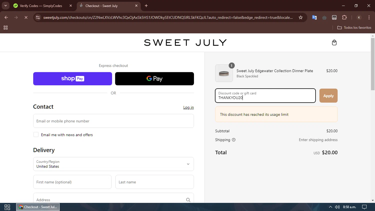 Sweet July promo code screenshot showing code THANKYOU20 applied at Sweet July checkout page. Uploaded by SimplyCodes community member SavingsBoss991 on Mar 4, 2025