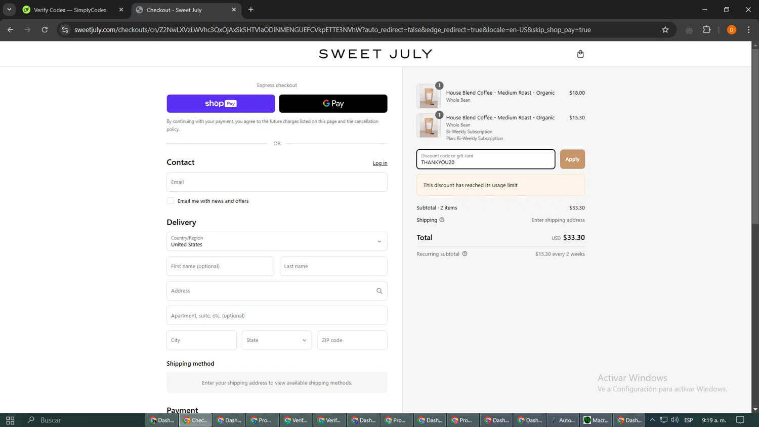 Sweet July promo code screenshot showing code THANKYOU20 applied at Sweet July checkout page. Uploaded by SimplyCodes community member ShieldMaestro9172 on Mar 4, 2025