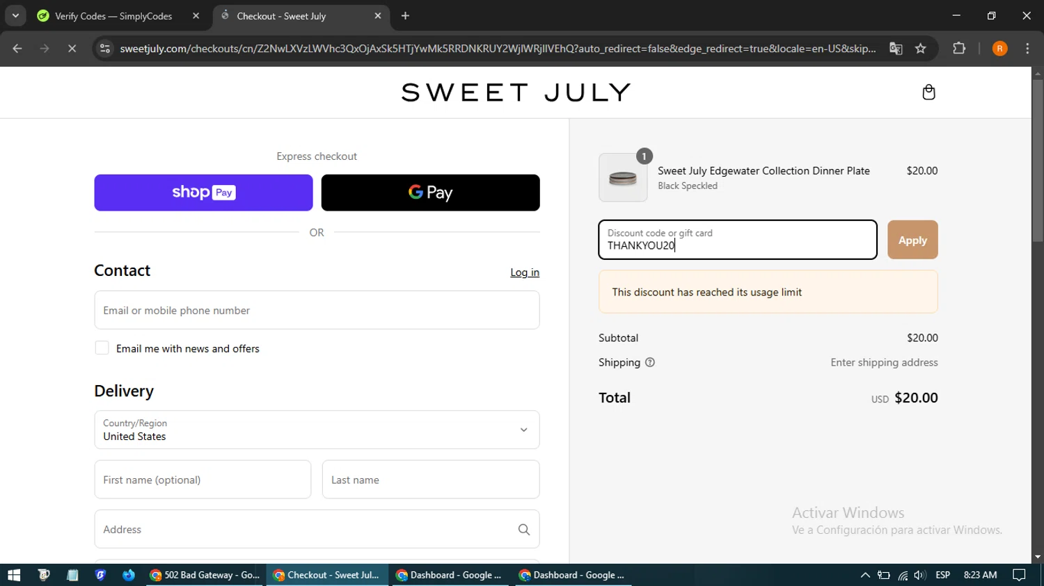 Sweet July promo code screenshot showing code THANKYOU20 applied at Sweet July checkout page. Uploaded by SimplyCodes community member BargainLegend6478 on Mar 4, 2025