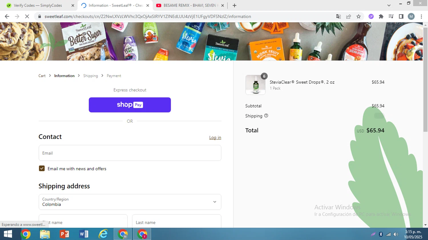 SweetLeaf promo code screenshot showing code save20 applied at SweetLeaf checkout page. Uploaded by SimplyCodes community member AJOTAA on May 10, 2025