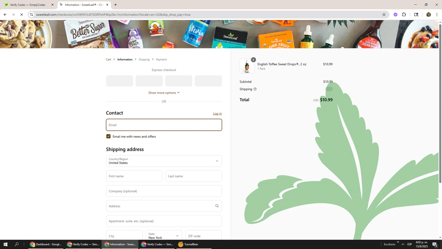 SweetLeaf promo code screenshot showing code save20 applied at SweetLeaf checkout page. Uploaded by SimplyCodes community member Phoenix585 on Aug 13, 2025