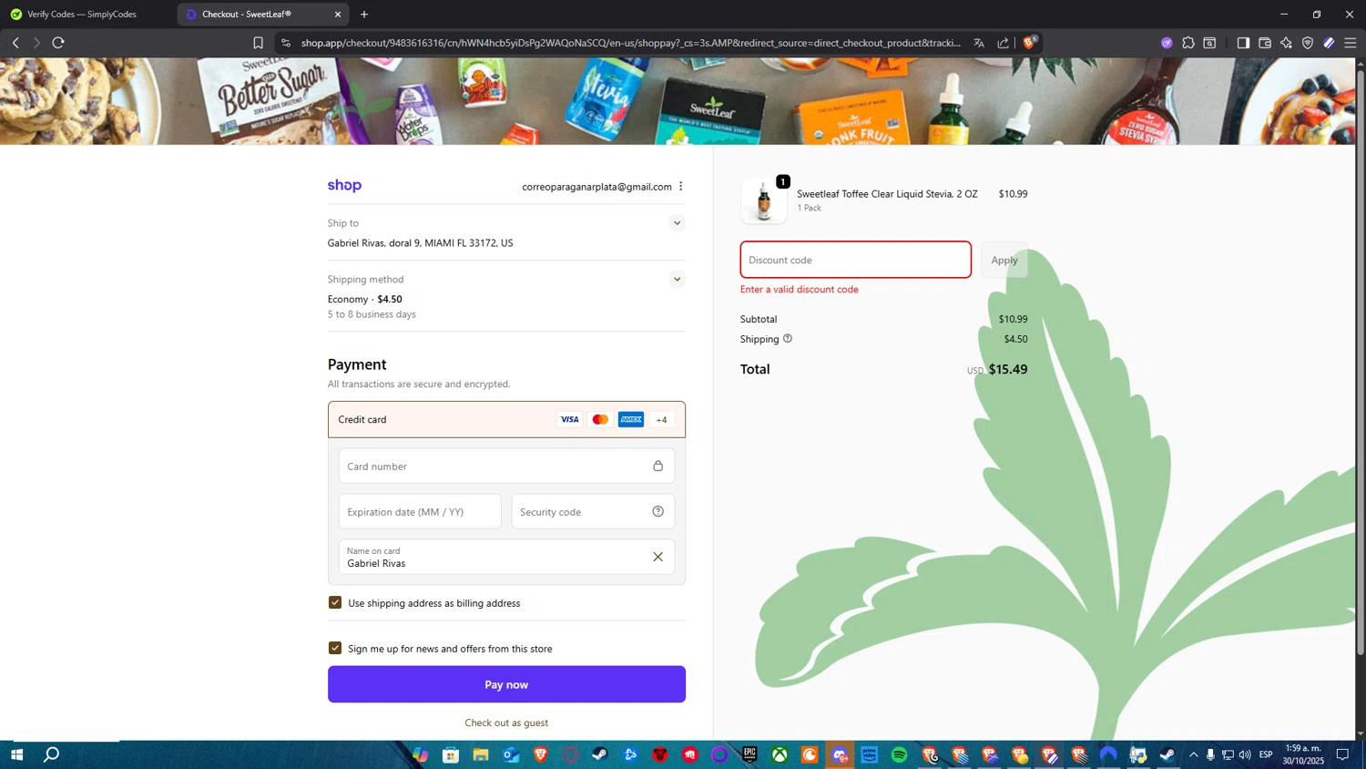 SweetLeaf promo code screenshot showing code treat applied at SweetLeaf checkout page. Uploaded by SimplyCodes community member ElPelao on Oct 30, 2025