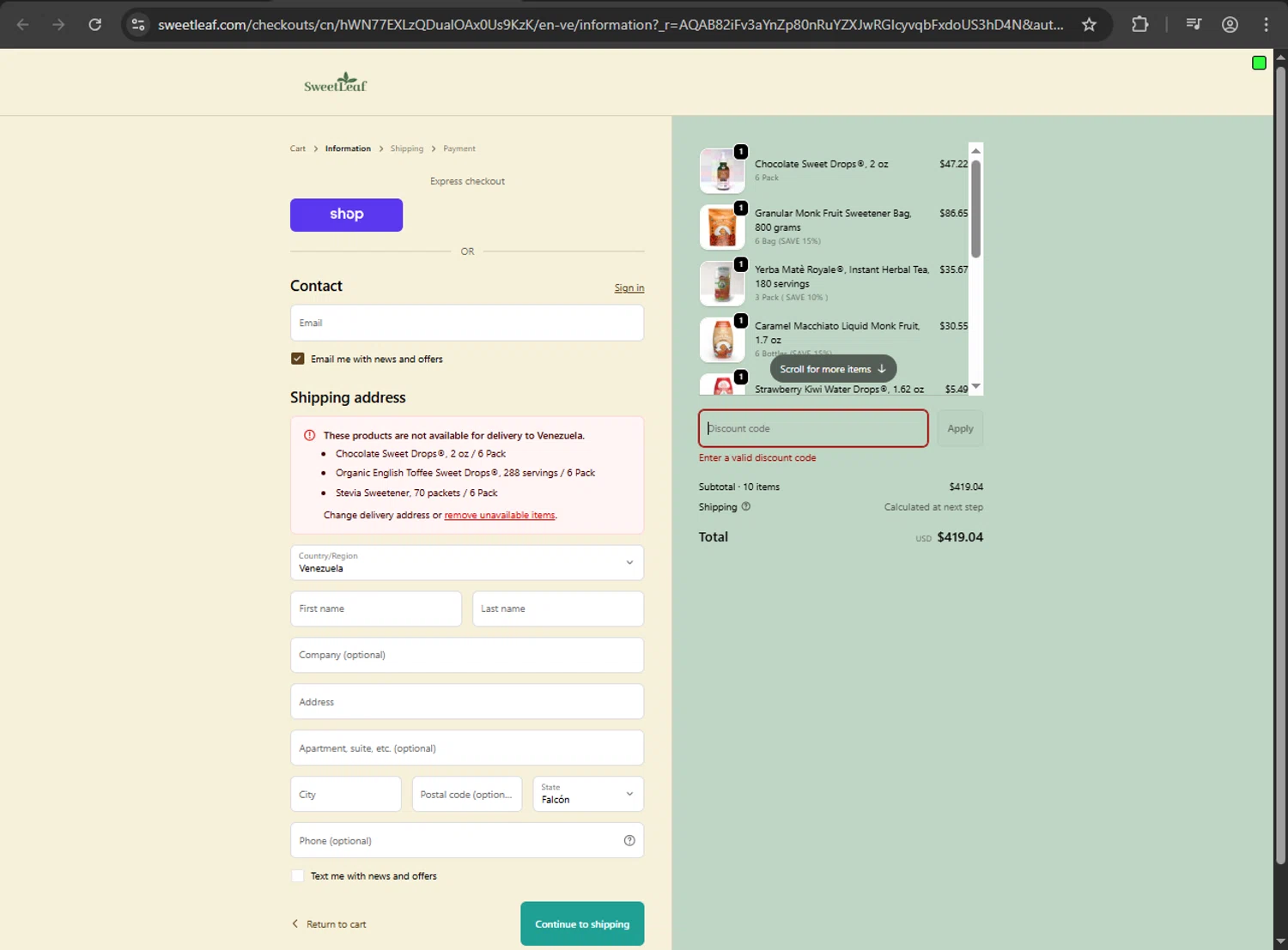 SweetLeaf promo code screenshot showing code TREAT20 applied at SweetLeaf checkout page. Uploaded by SimplyCodes community member kaiser2 on Jan 1, 2026