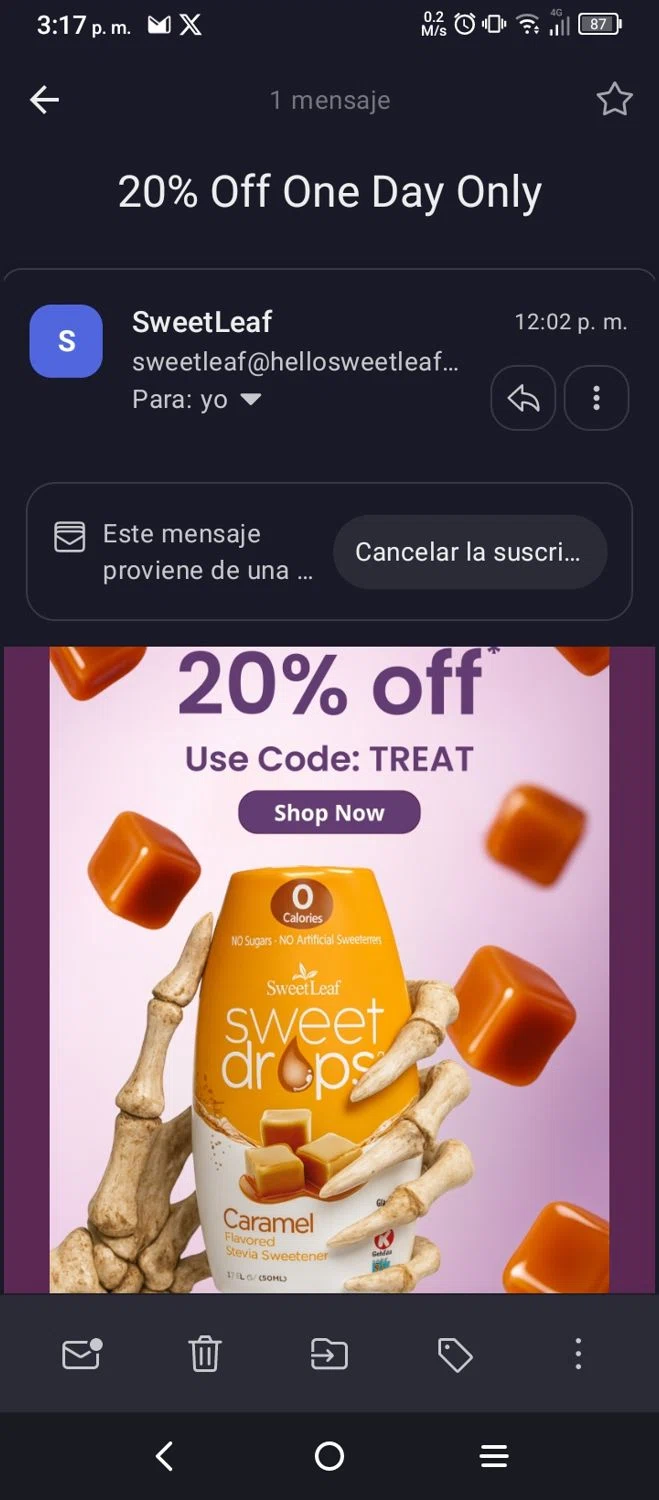 SweetLeaf promo code screenshot showing code treat applied at SweetLeaf checkout page. Uploaded by SimplyCodes community member josemiguelaponte on Oct 26, 2025