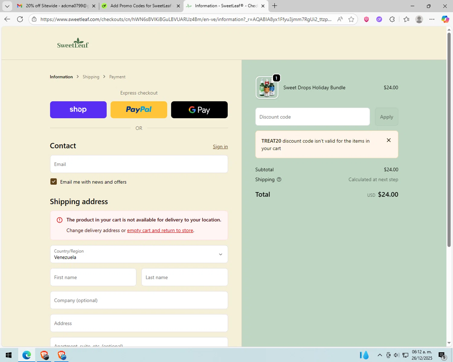 SweetLeaf promo code screenshot showing code TREAT20 applied at SweetLeaf checkout page. Uploaded by SimplyCodes community member peachee on Dec 26, 2025