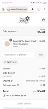 SAVE10 coupon verification screenshot