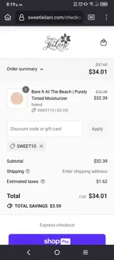 SWEET10 coupon verification screenshot