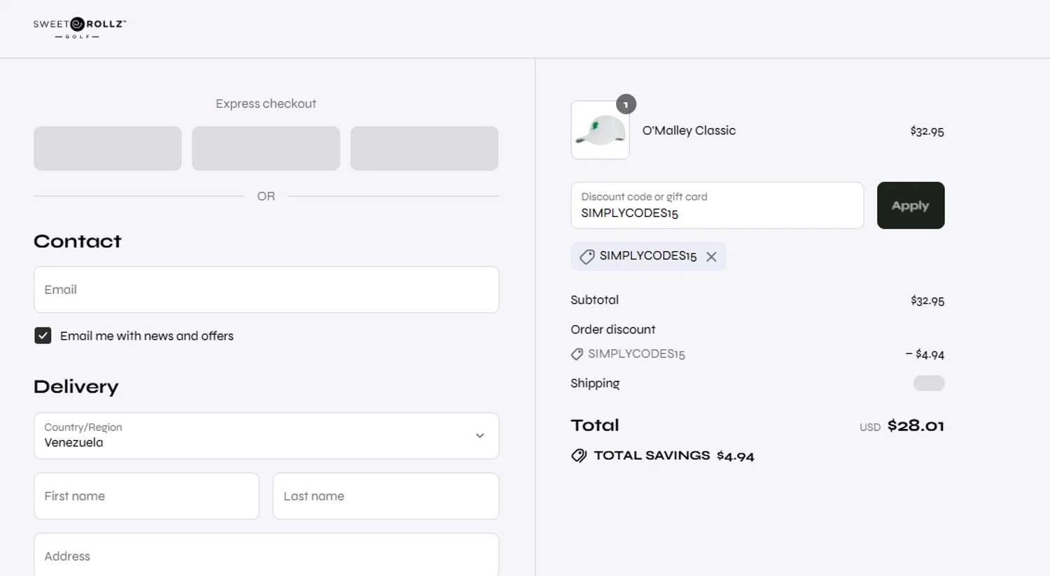 Sweet Rollz Golf discount code screenshot showing code SIMPLYCODES15 applied at Sweet Rollz Golf checkout page. Uploaded by SimplyCodes community member Sweety2021 on Aug 18, 2025