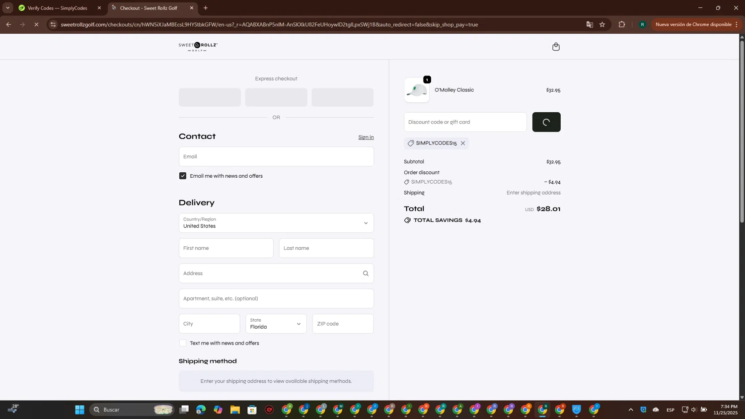 Sweet Rollz Golf discount code screenshot showing code SIMPLYCODES15 applied at Sweet Rollz Golf checkout page. Uploaded by SimplyCodes community member ScanPioneer7706 on Nov 25, 2025