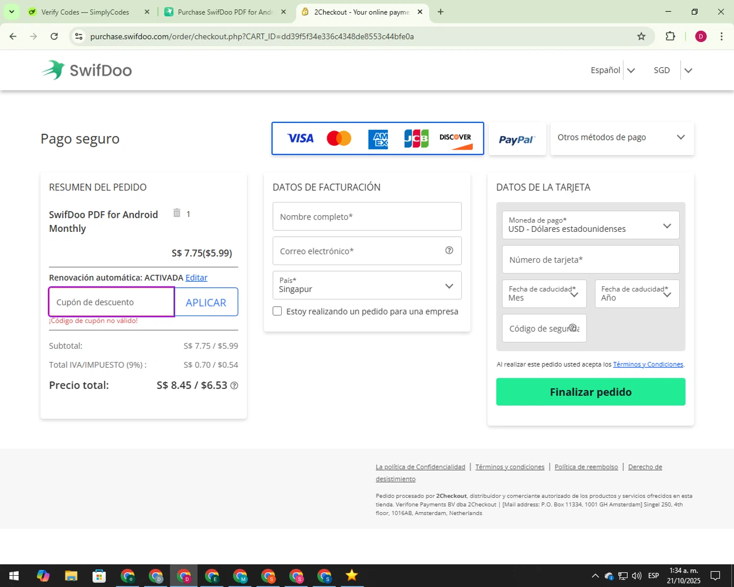SwifDoo PDF promo code screenshot showing code SDAND1Y applied at SwifDoo PDF checkout page. Uploaded by SimplyCodes community member 000012 on Oct 21, 2025