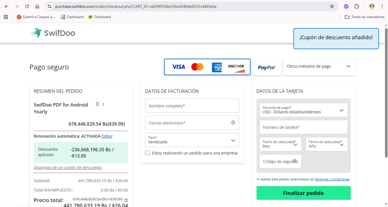SwifDoo PDF promo code screenshot showing code SDAND1Y applied at SwifDoo PDF checkout page. Uploaded by SimplyCodes community member LegendaryTitan9160 on Sep 25, 2025