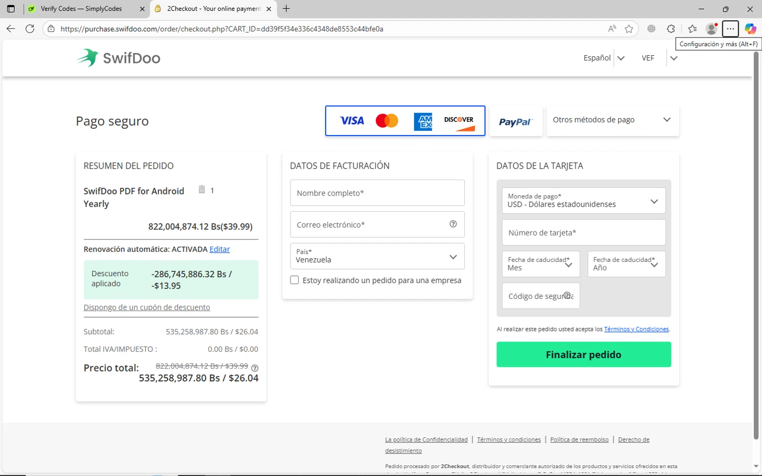 SwifDoo PDF promo code screenshot showing code SDAND1Y applied at SwifDoo PDF checkout page. Uploaded by SimplyCodes community member jhoanDepp on Oct 21, 2025