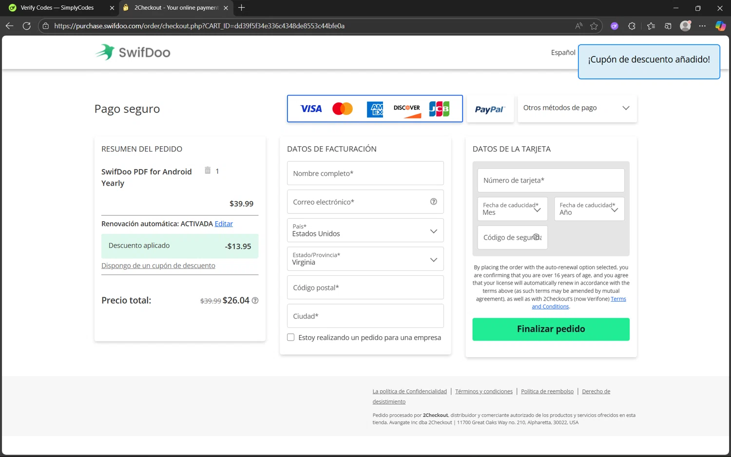 SwifDoo PDF checkout page showing SwifDoo PDF promo code box | Screenshot taken by SimplyCodes community member on Sep 25, 2025