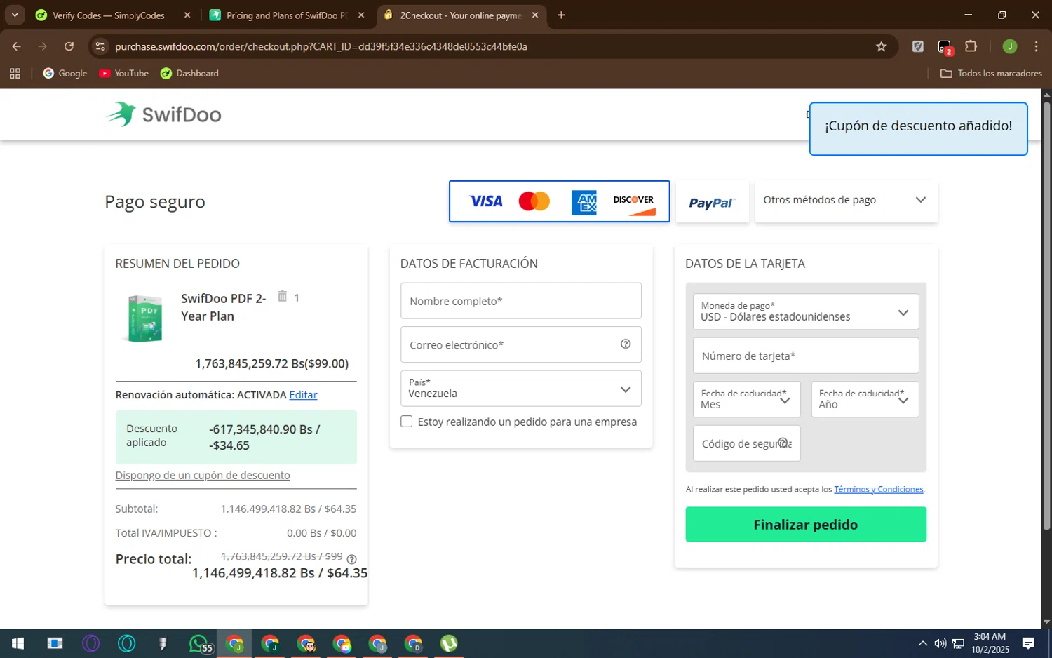 SwifDoo PDF promo code screenshot showing code Demand35 applied at SwifDoo PDF checkout page. Uploaded by SimplyCodes community member QueTeImporta on Oct 2, 2025