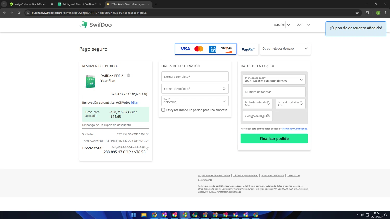 SwifDoo PDF promo code screenshot showing code Demand35 applied at SwifDoo PDF checkout page. Uploaded by SimplyCodes community member SUZUKIV on Dec 7, 2025