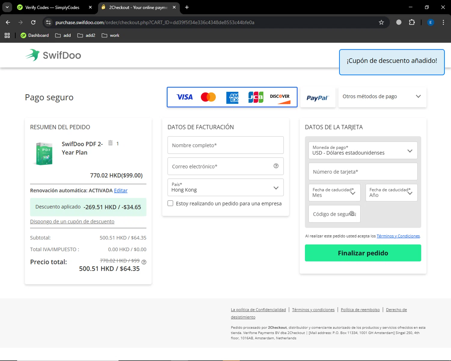 SwifDoo PDF checkout page showing SwifDoo PDF promo code box | Screenshot taken by SimplyCodes community member on Sep 26, 2025