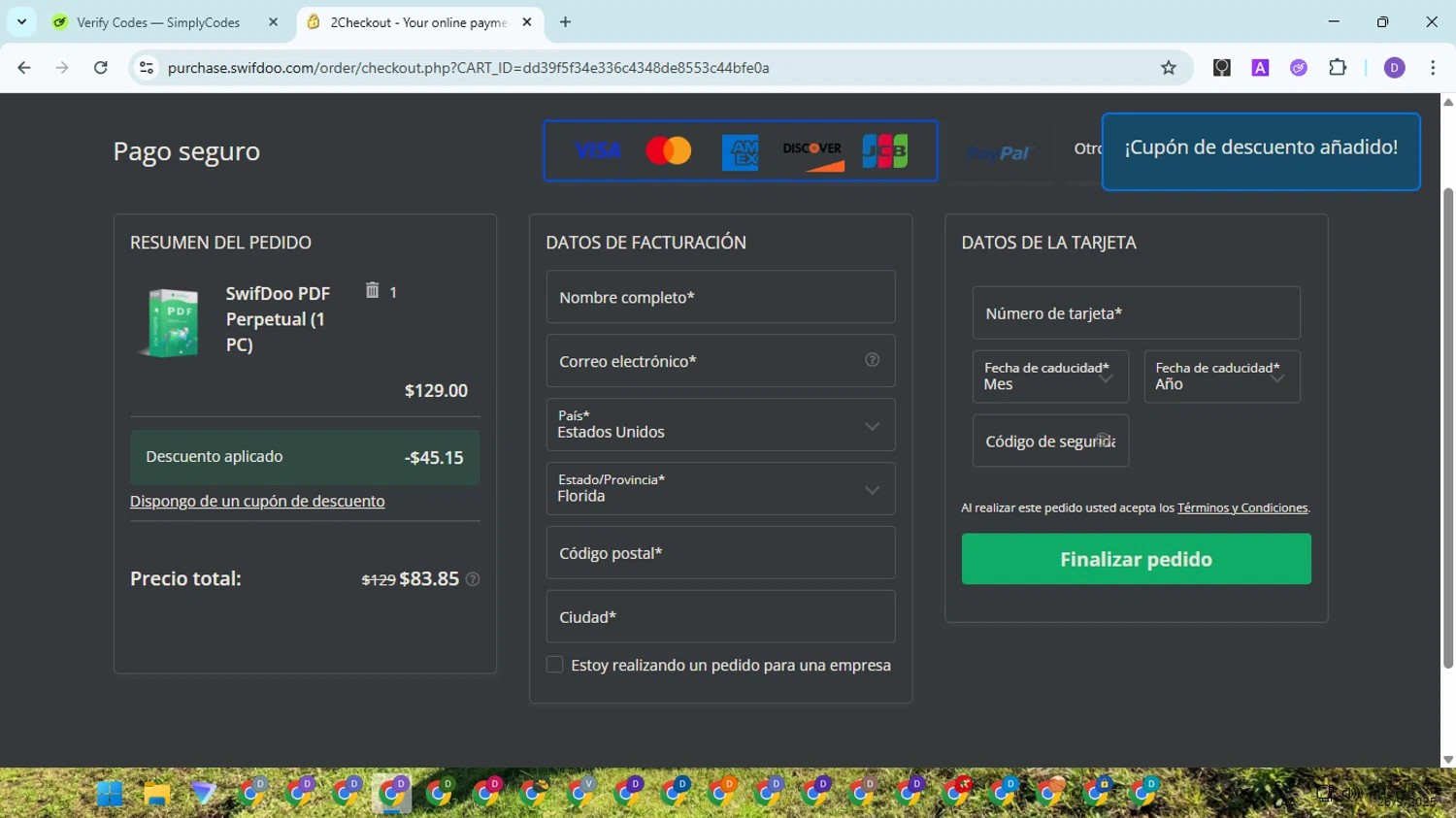 SwifDoo PDF checkout page showing SwifDoo PDF promo code box | Screenshot taken by SimplyCodes community member on Sep 26, 2025