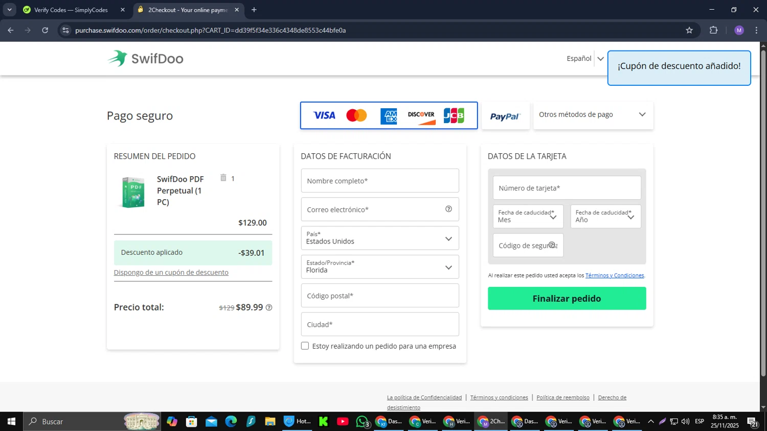 SwifDoo PDF promo code screenshot showing code HALLOWEENFLASH applied at SwifDoo PDF checkout page. Uploaded by SimplyCodes community member CouponGuardian8137 on Nov 25, 2025