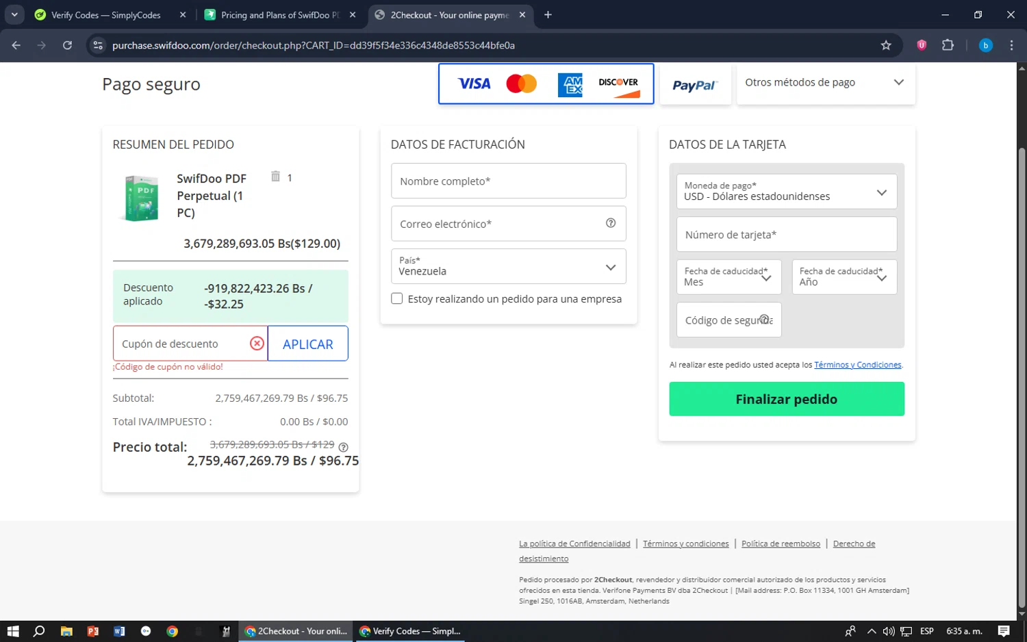 SwifDoo PDF promo code screenshot showing code HALLOWEENFLASH applied at SwifDoo PDF checkout page. Uploaded by SimplyCodes community member bilijr on Dec 24, 2025