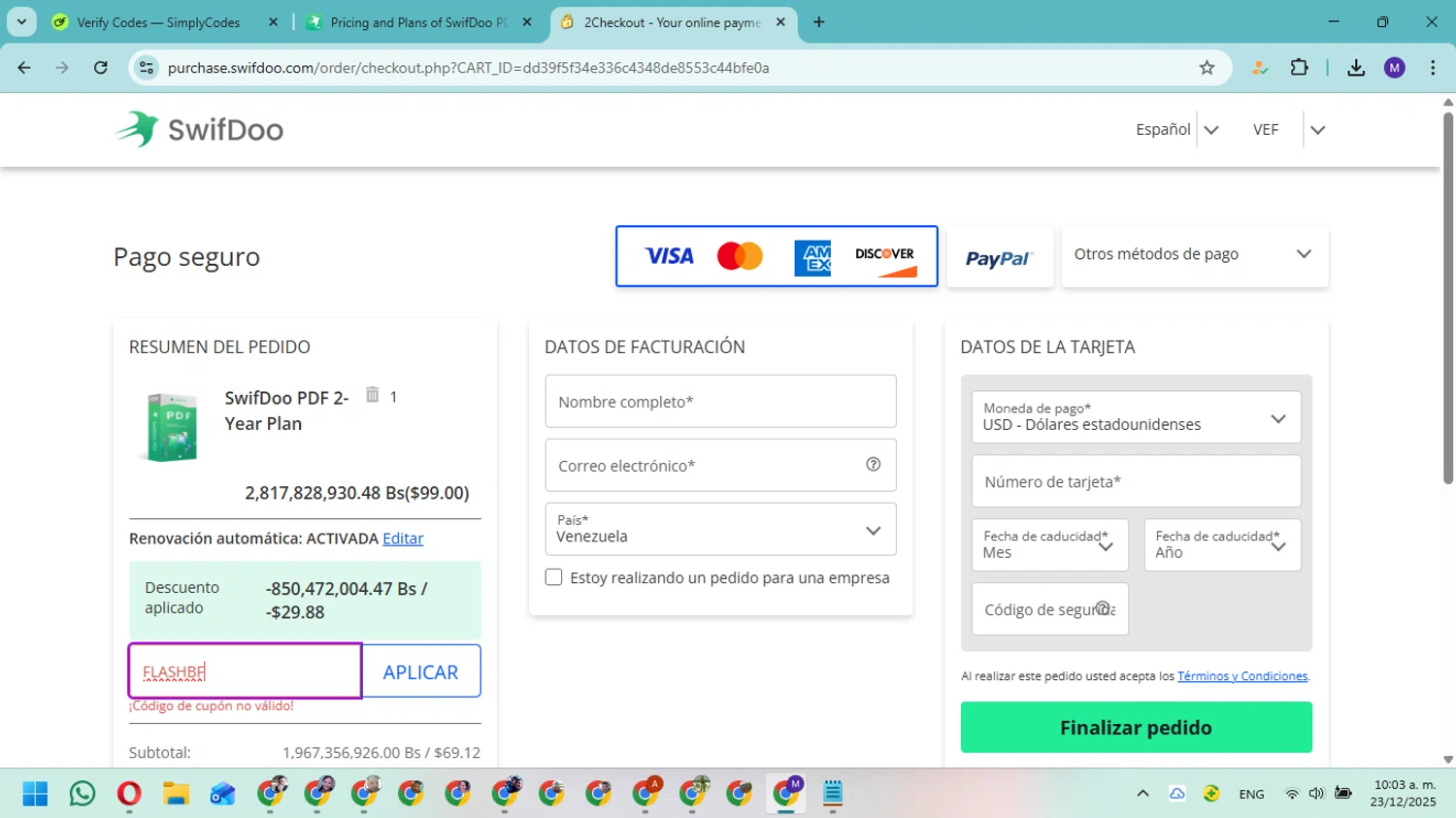 SwifDoo PDF promo code screenshot showing code FLASHBF applied at SwifDoo PDF checkout page. Uploaded by SimplyCodes community member Fundolaroca on Dec 23, 2025