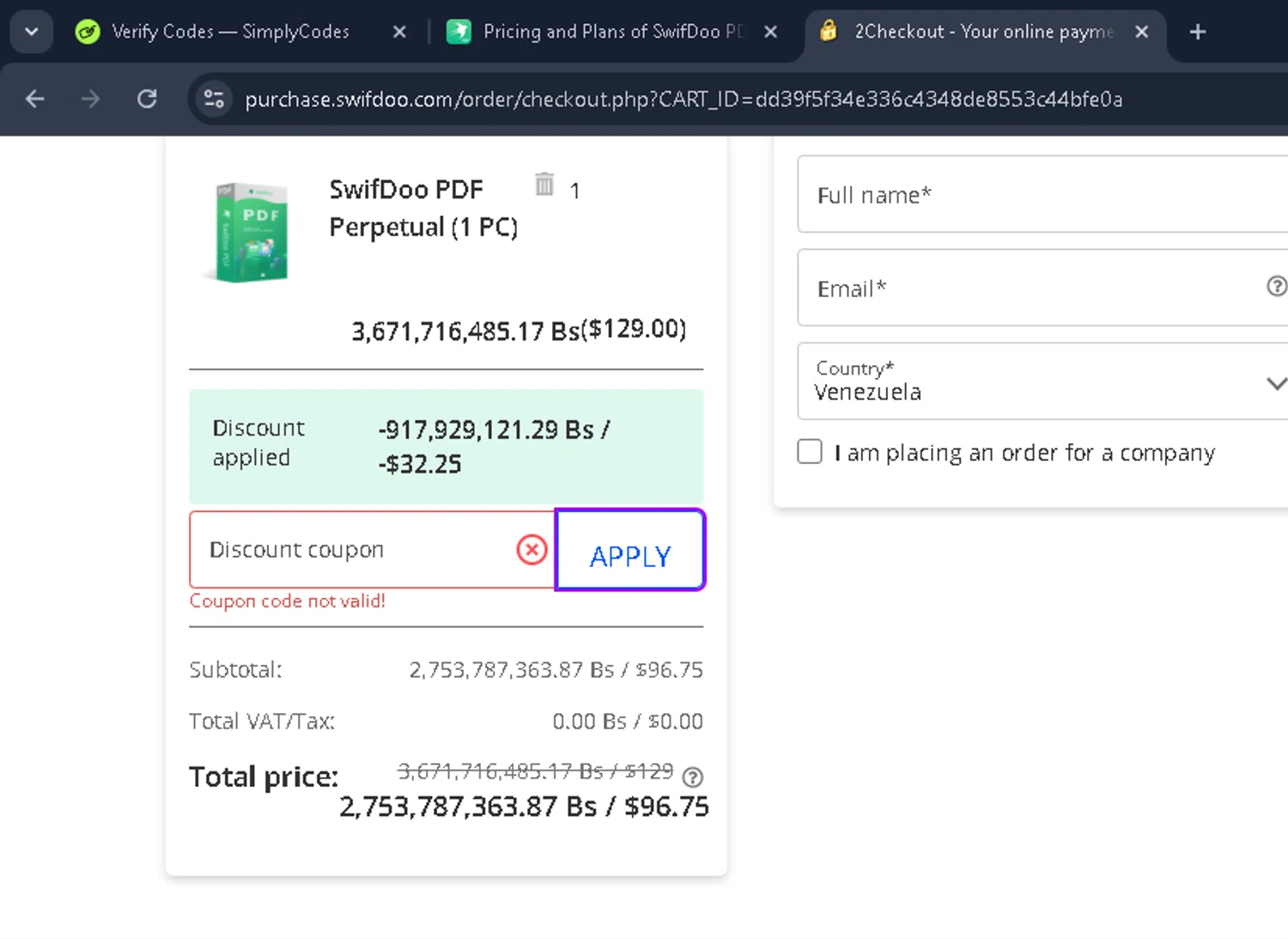 SwifDoo PDF promo code screenshot showing code FLASHBF applied at SwifDoo PDF checkout page. Uploaded by SimplyCodes community member Mykeanderon on Dec 23, 2025