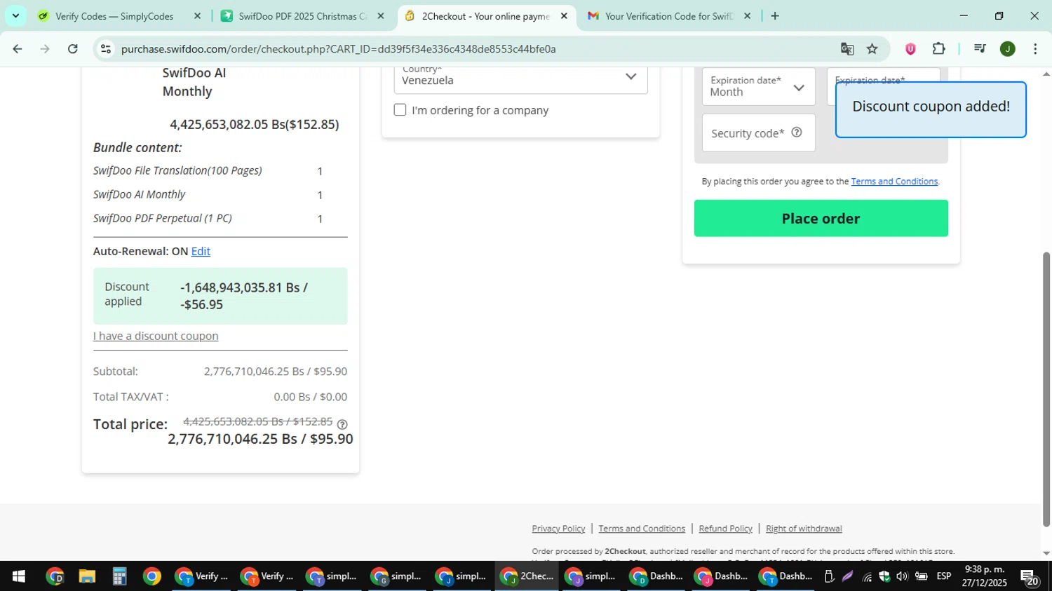 SwifDoo PDF promo code screenshot showing code XMAS2025 applied at SwifDoo PDF checkout page. Uploaded by SimplyCodes community member ShieldFinder369 on Dec 28, 2025