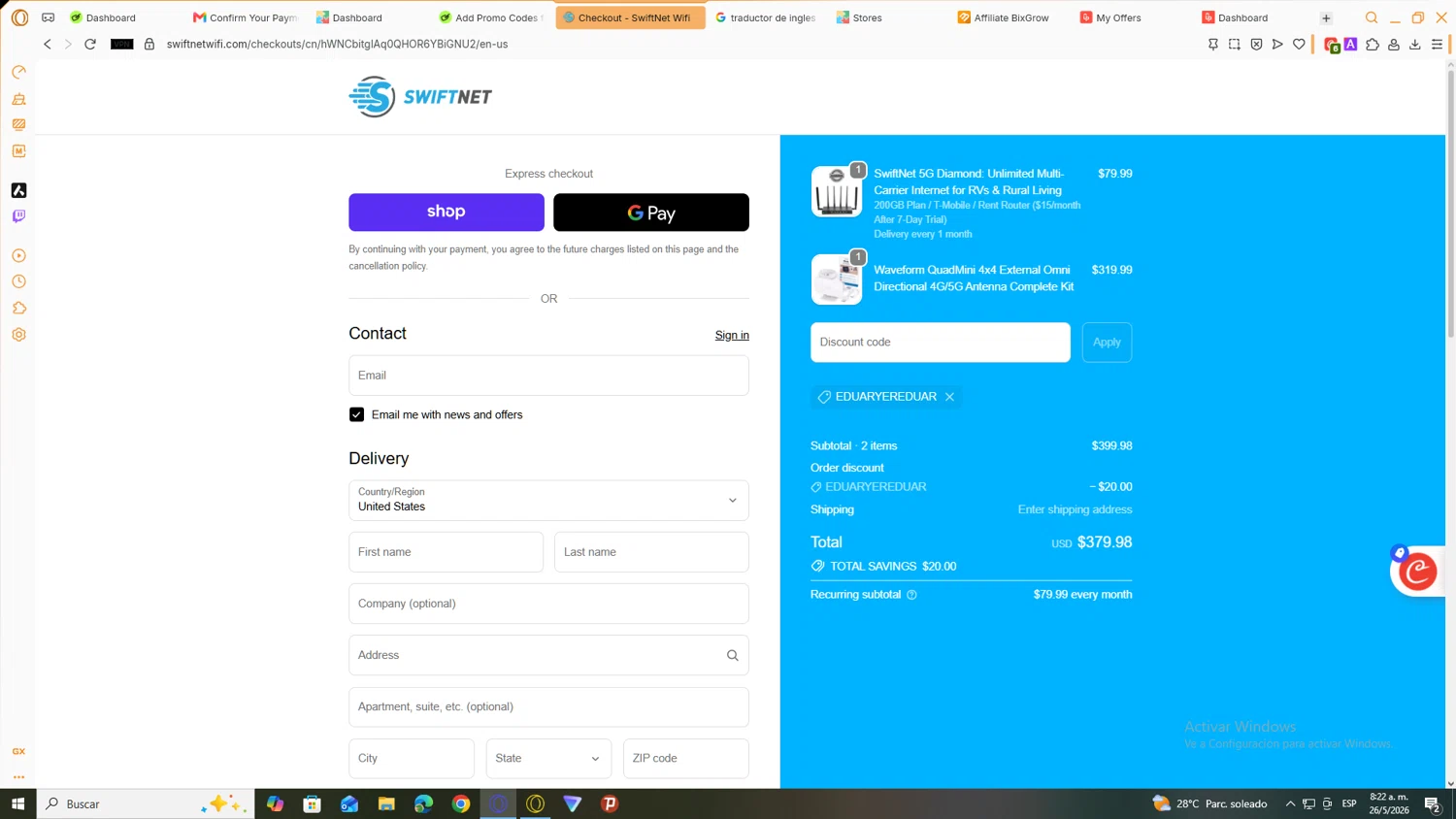 SwiftNet promo code screenshot showing code EDUARYEREDUAR applied at SwiftNet checkout page. Uploaded by SimplyCodes community member JEUGENIO on May 26, 2026