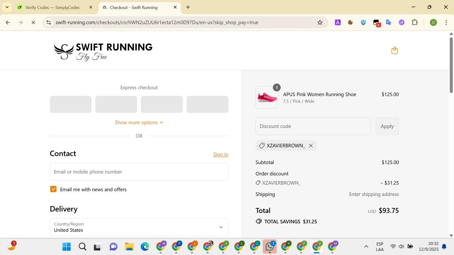 Swift Running promo code screenshot showing code XZAVIERBROWN_ applied at Swift Running checkout page. Uploaded by SimplyCodes community member DealHunter2862 on Sep 13, 2025