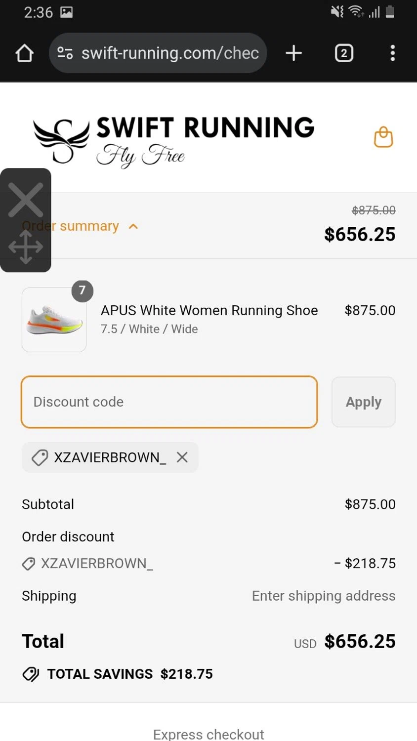 Swift Running promo code screenshot showing code XZAVIERBROWN_ applied at Swift Running checkout page. Uploaded by SimplyCodes community member Rafita on Jul 15, 2025