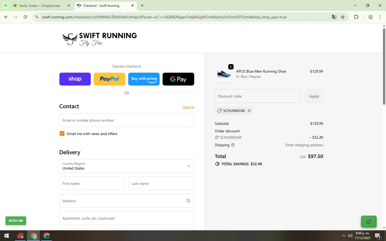 Swift Running promo code screenshot showing code SCHUNKIUM applied at Swift Running checkout page. Uploaded by SimplyCodes community member CouponElite4658 on Dec 12, 2025