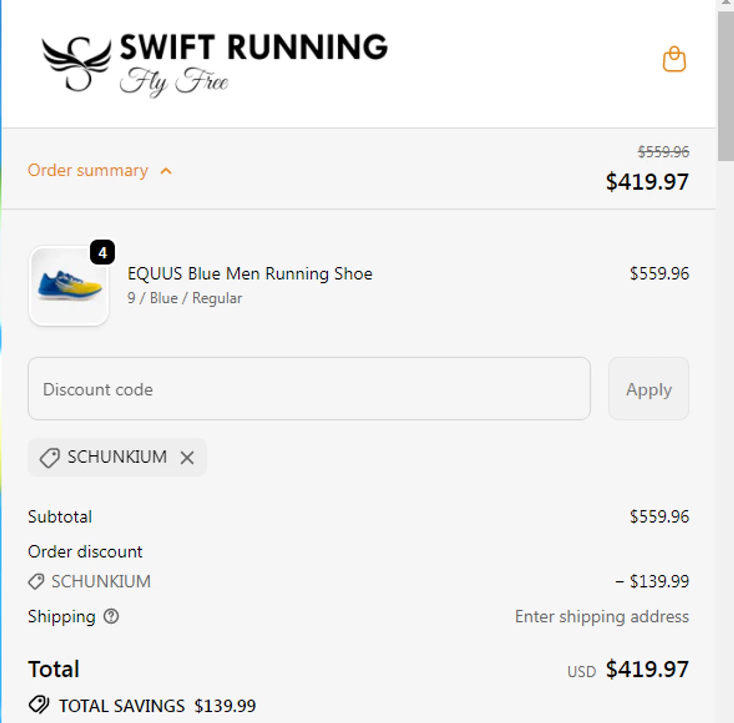 Swift Running promo code screenshot showing code SCHUNKIUM applied at Swift Running checkout page. Uploaded by SimplyCodes community member menotychire on Nov 30, 2025