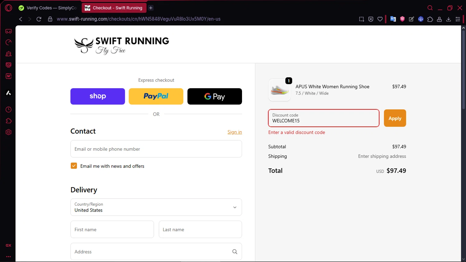 Swift Running promo code screenshot showing code WELCOME15 applied at Swift Running checkout page. Uploaded by SimplyCodes community member TOLUENO on Nov 10, 2025