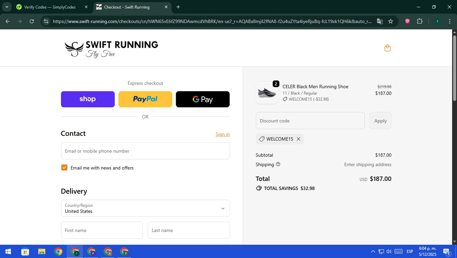 Swift Running promo code screenshot showing code WELCOME15 applied at Swift Running checkout page. Uploaded by SimplyCodes community member rodri1 on Dec 5, 2025