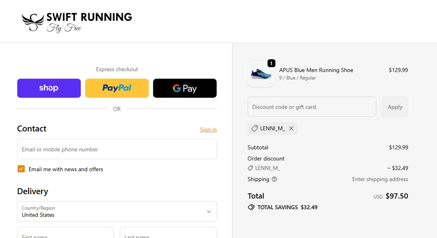 Swift Running promo code screenshot showing code LENNI_M_ applied at Swift Running checkout page. Uploaded by SimplyCodes community member Sweety2021 on Dec 18, 2025