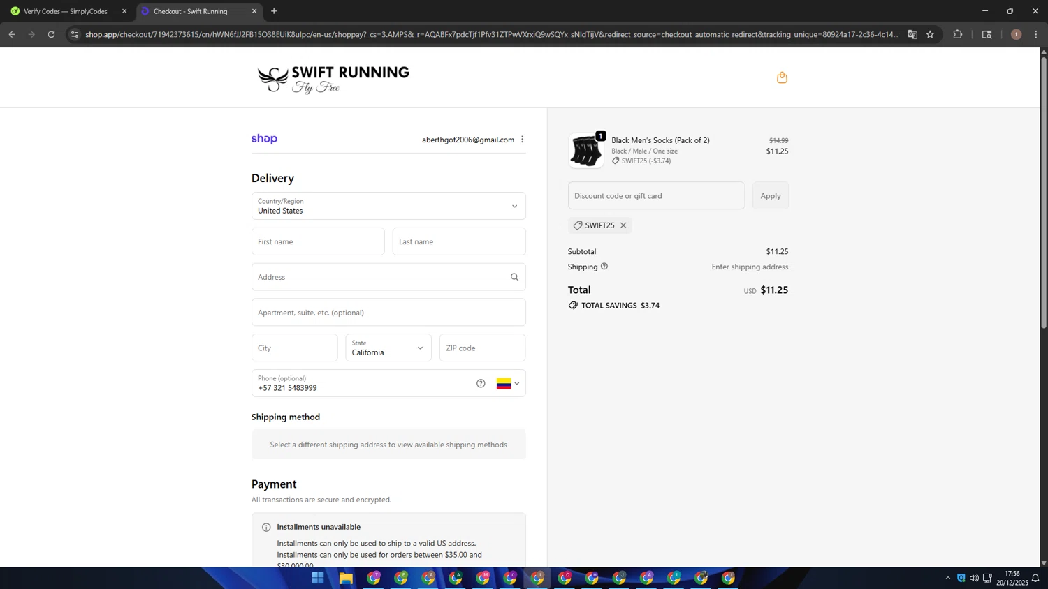 Swift Running promo code screenshot showing code SWIFT25 applied at Swift Running checkout page. Uploaded by SimplyCodes community member Kaizen on Dec 20, 2025