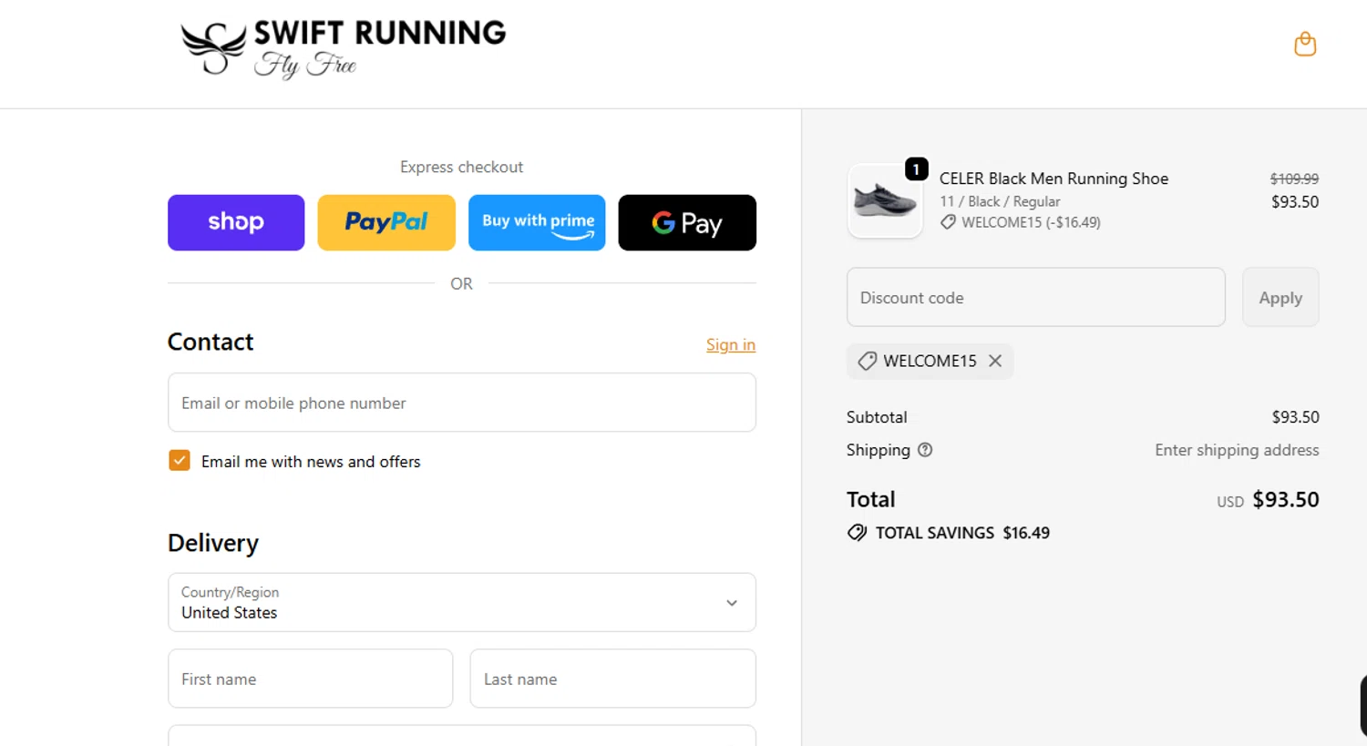 Swift Running promo code screenshot showing code WELCOME15 applied at Swift Running checkout page. Uploaded by SimplyCodes community member DORIANGEL on Dec 5, 2025