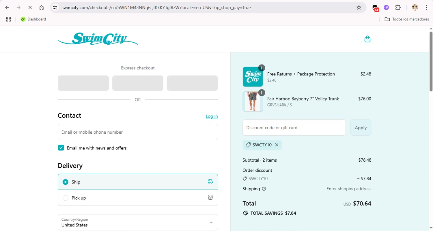 SwimCity promo code screenshot showing code SWCTY10 applied at SwimCity checkout page. Uploaded by SimplyCodes community member LegendaryTitan9160 on Aug 3, 2025