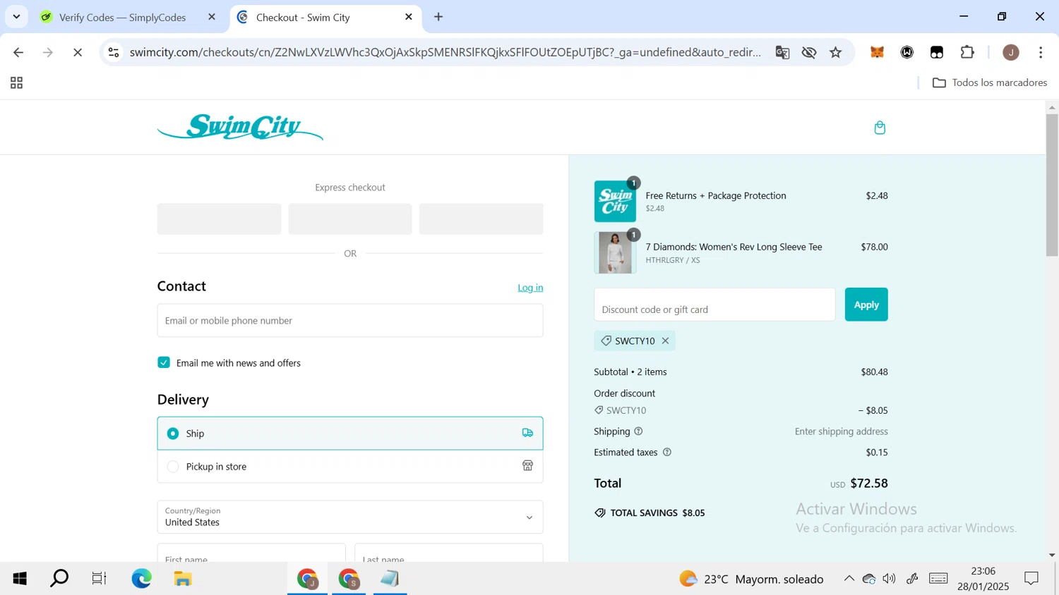 SwimCity promo code screenshot showing code SWCTY10 applied at SwimCity checkout page. Uploaded by SimplyCodes community member RoyalAdmiral4824 on Jan 29, 2025