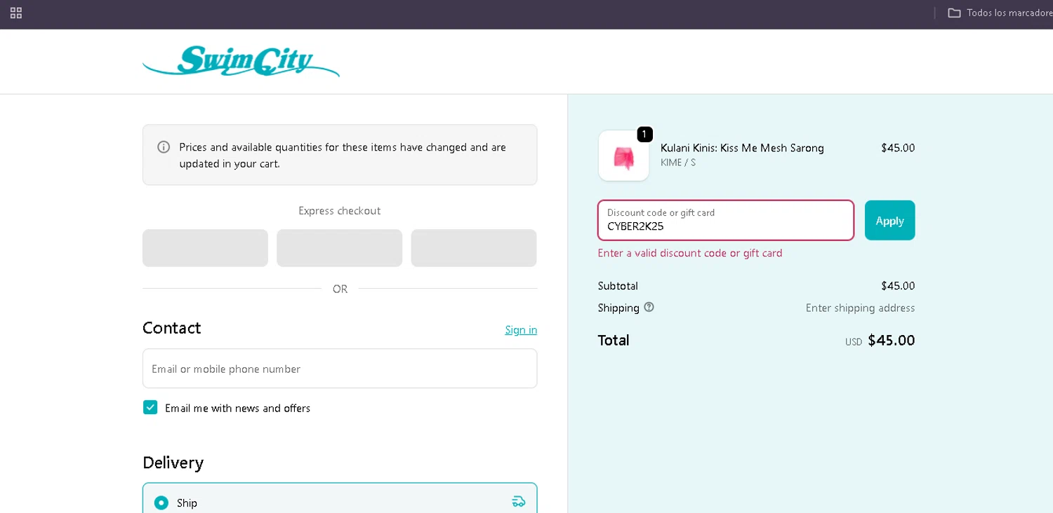 SwimCity promo code screenshot showing code CYBER2K25 applied at SwimCity checkout page. Uploaded by SimplyCodes community member Egni_149037891 on Dec 7, 2025