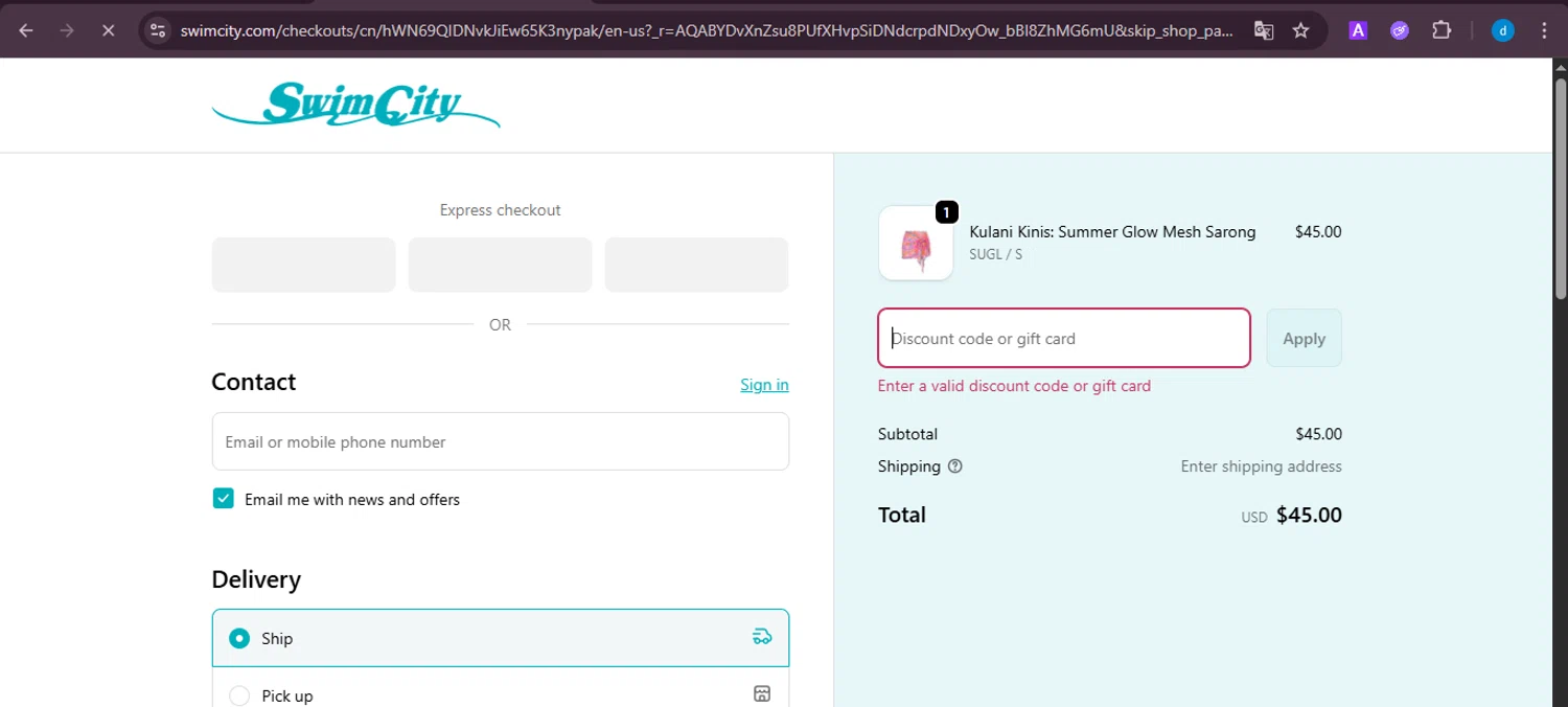 SwimCity promo code screenshot showing code CYBER2K25 applied at SwimCity checkout page. Uploaded by SimplyCodes community member ShieldKnight4744 on Dec 7, 2025