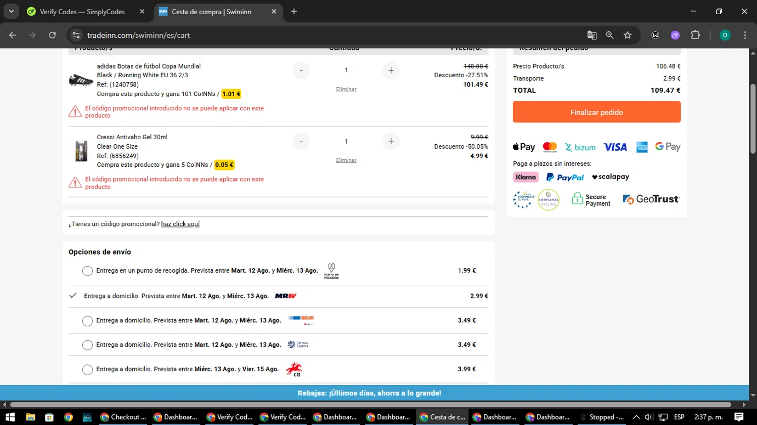 SwimINN promo code screenshot showing code Wwcas10 applied at SwimINN checkout page. Uploaded by SimplyCodes community member LuckyDefender9428 on Aug 10, 2025