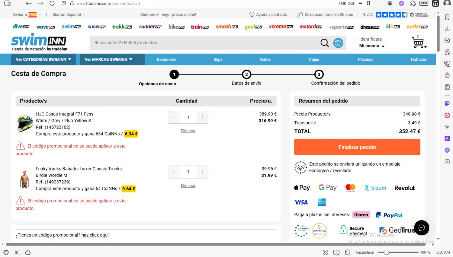 SwimINN promo code screenshot showing code Wwcas10 applied at SwimINN checkout page. Uploaded by SimplyCodes community member luissilva2 on Dec 20, 2025