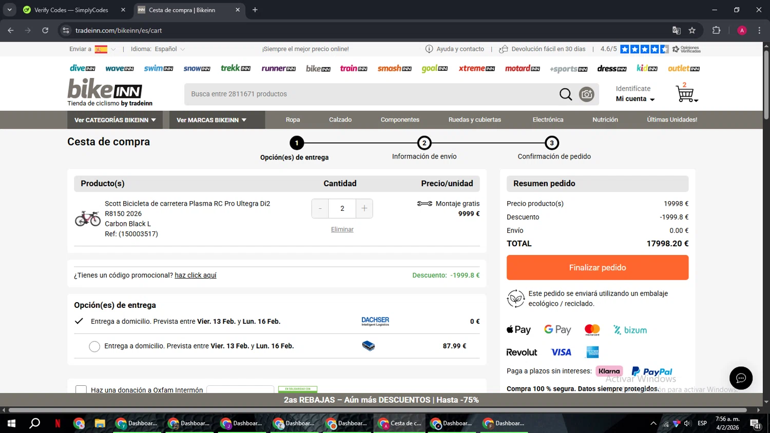 SwimINN promo code screenshot showing code BK26 applied at SwimINN checkout page. Uploaded by SimplyCodes community member BMWGS1200 on Feb 4, 2026
